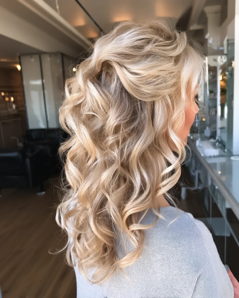 Blonde Curly Hairstyles for Women Over 40:Half-Up Twists with Cascading Curls