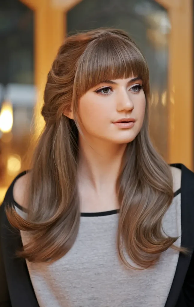 Haircuts for Plus-Size Women Over 40:Half-Up with Fringe and Flowing Layers