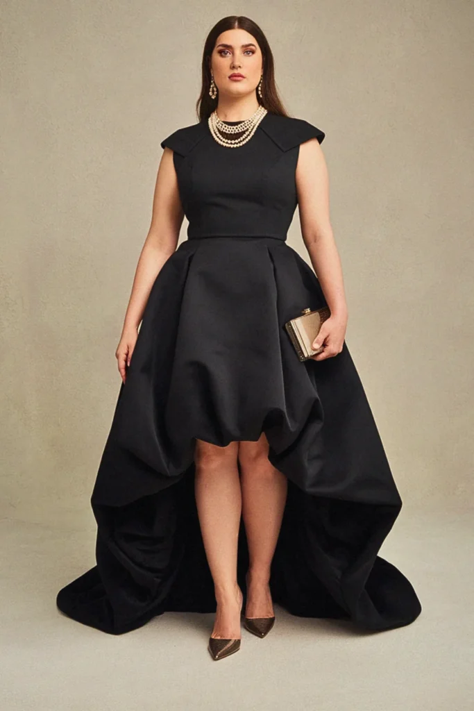 High-Low Bubble Hem Black Cocktail Evening Dress (Plus Size)