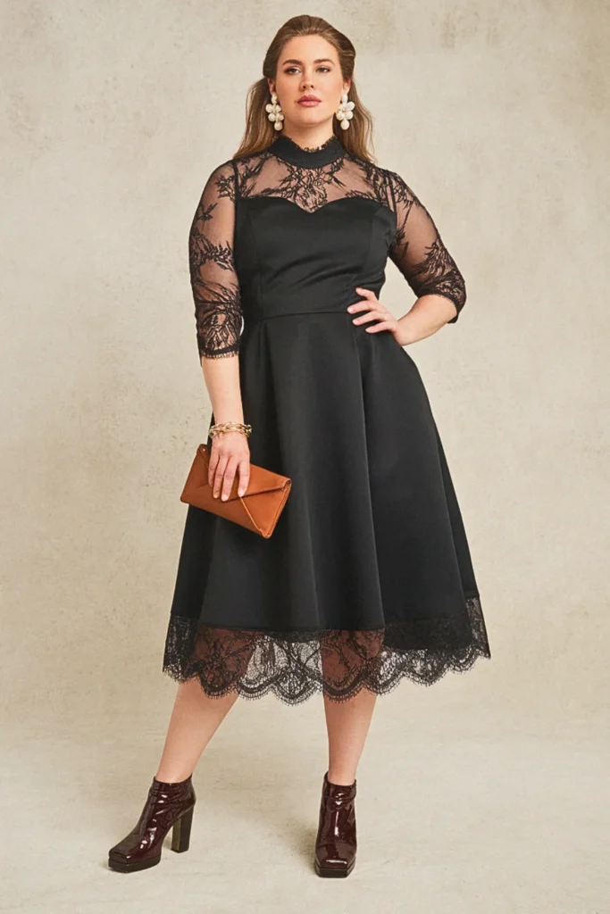 High-Neck Lace Overlay Black Cocktail Evening Dress (Plus Size)
