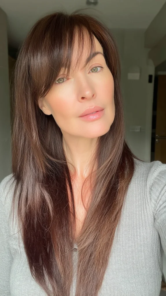 15 Stunning Brunette Hairstyles for Women Over 40 to Try This Season Long Brunette Layers with Wispy Bangs – A Fresh Brunette Hairstyle Idea