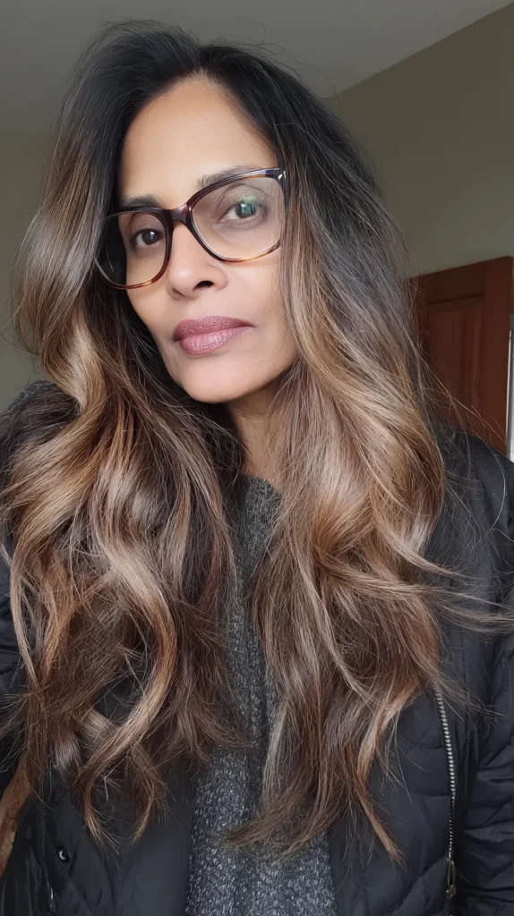 Best Hairstyles for Women Over 40 With Glasses That Are Anything but Boring Long Brunette Waves with Caramel Highlights