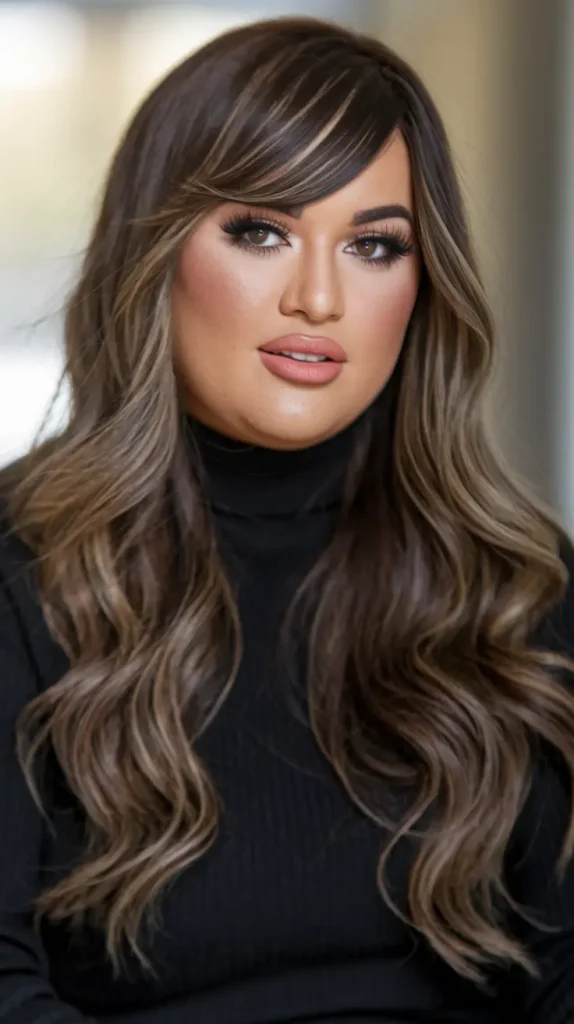 Haircuts for Plus-Size Women Over 40:Long Layers with Side-Swept Bangs