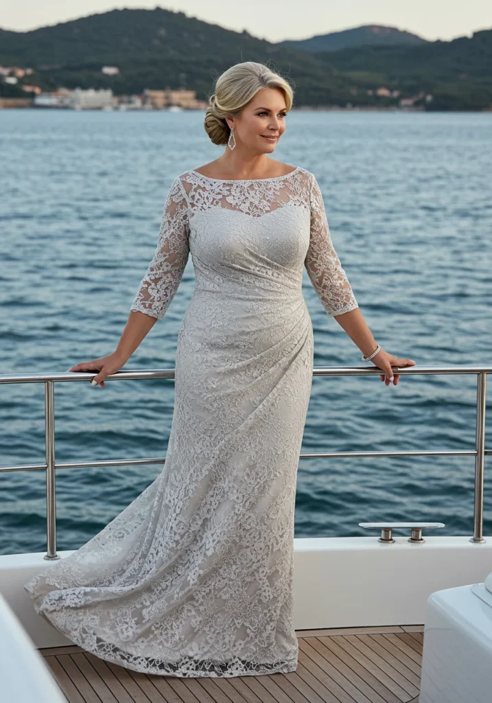 Long white lace dress with silver jewelry and silver ankle heels