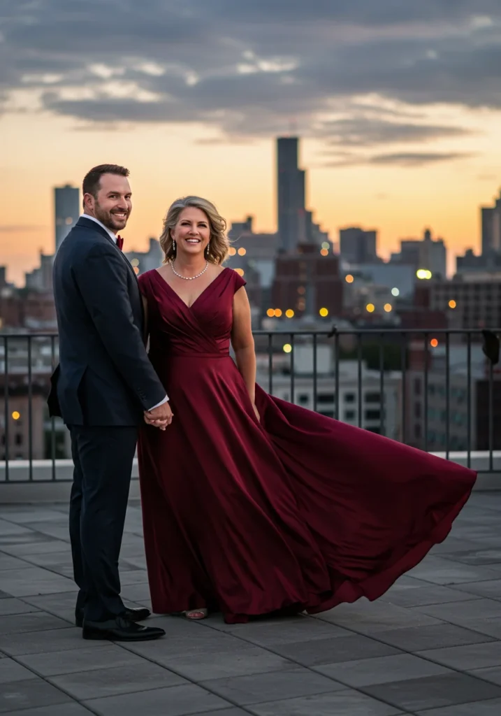 Maroon-colored V-neck long wedding dress with silver heel sandals and elegant silver jewelry