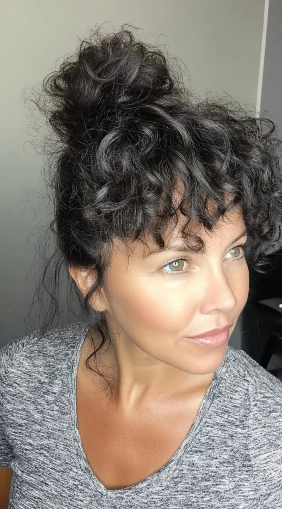 15 Best Hairstyles with Bangs for Women Over 40 with Long Hair (Look Instantly Younger) Hairstyles with Bangs for Women Over 40:Messy Curly Bun with Wispy Bangs