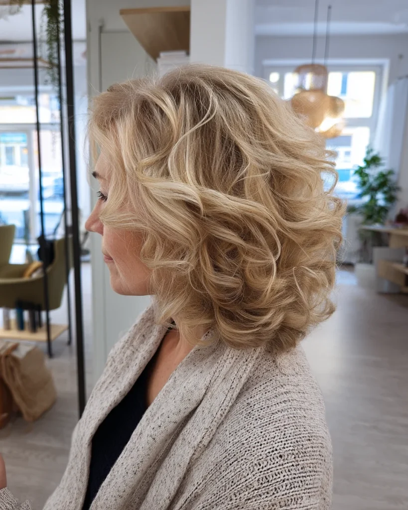 Blonde Curly Hairstyles for Women Over 40:Mid-Length Glam Curls with Soft Layers