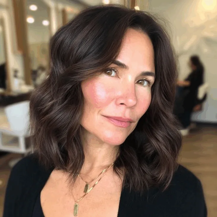 15 Stunning Brunette Hairstyles for Women Over 40 to Try This Season Natural Brunette Lob with Loose Curls