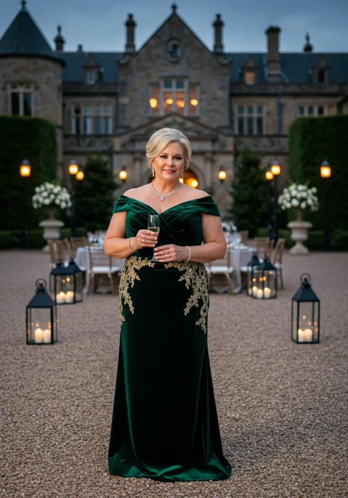 Off-Shoulder Velvet Gown Chic and Comfortable for Plus Size Mothers Over 40