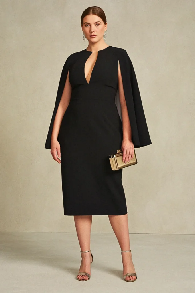 Plunge Neck Cape-Detail Black Elegant Evening Dress (Plus Size)