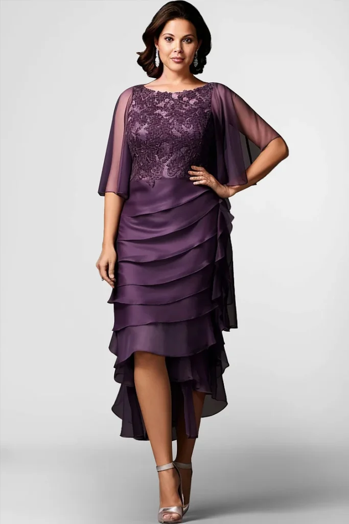 Plus-Size-Mother-Of-The-Bride-Dark-Purple-High-Low-Hem-Tea-length-Dress