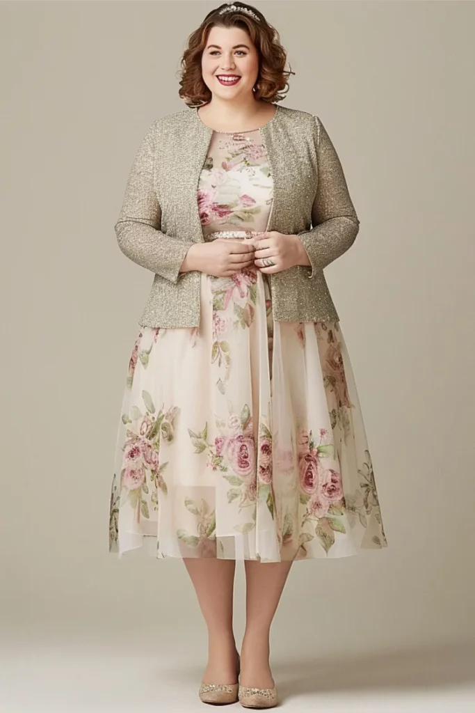Plus-Size-Mother-Of-The-Bride-Pink-Floral-Print-Chiffon-Two-Pieces-Tea-Length-Dress-With-Jacket