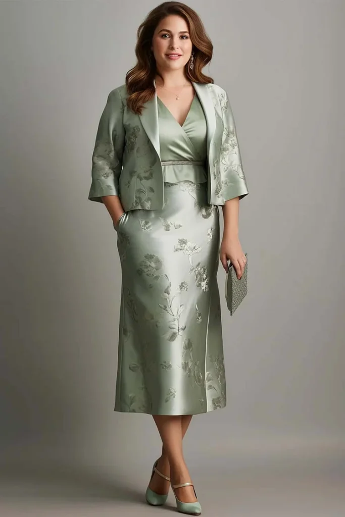 Plus-Size-Mother-Of-The-Bride-Sage-Green-Satin-Floral-Print-Two-Pieces-Midi-Dress-With-Jacket