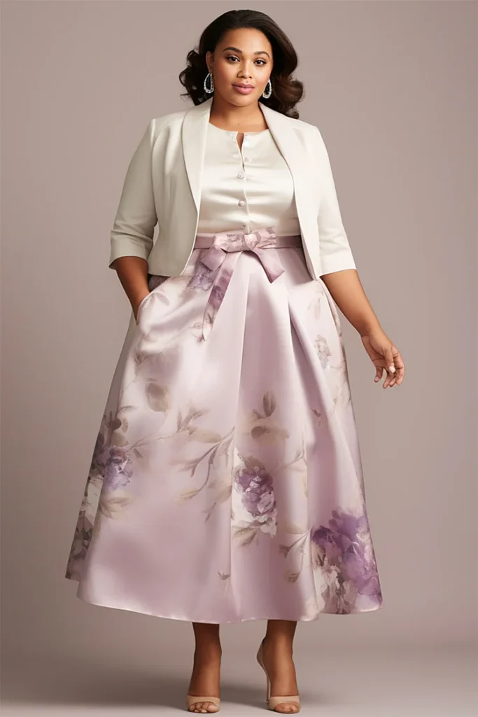  Off White Floral Satin Two Piece Dress Set