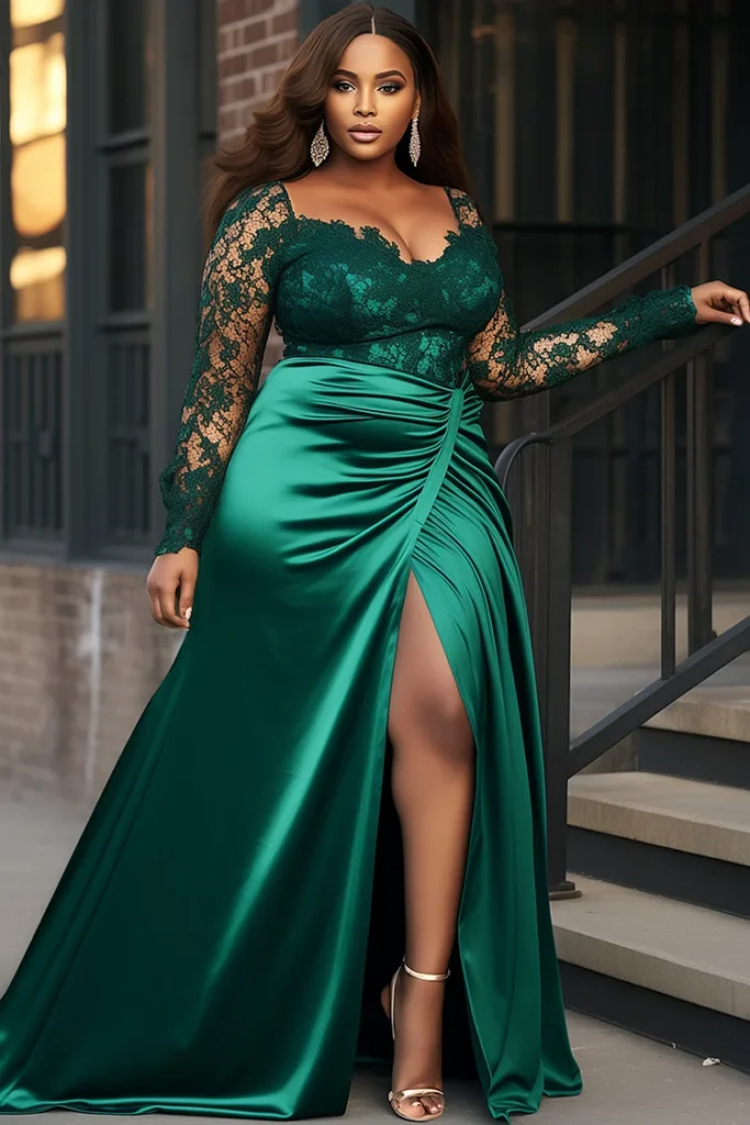 Plus-Size-Mother-of-the-Bride-Emerald-Green-Split-See-Through-Lace-Satin-Maxi-Dress