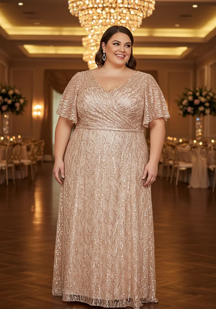 Shiny beaded golden wrap dress with silver jewelry