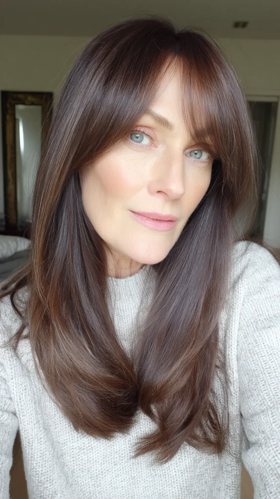15 Stunning Brunette Hairstyles for Women Over 40 to Try This Season Polished Layers with Curtain Bangs