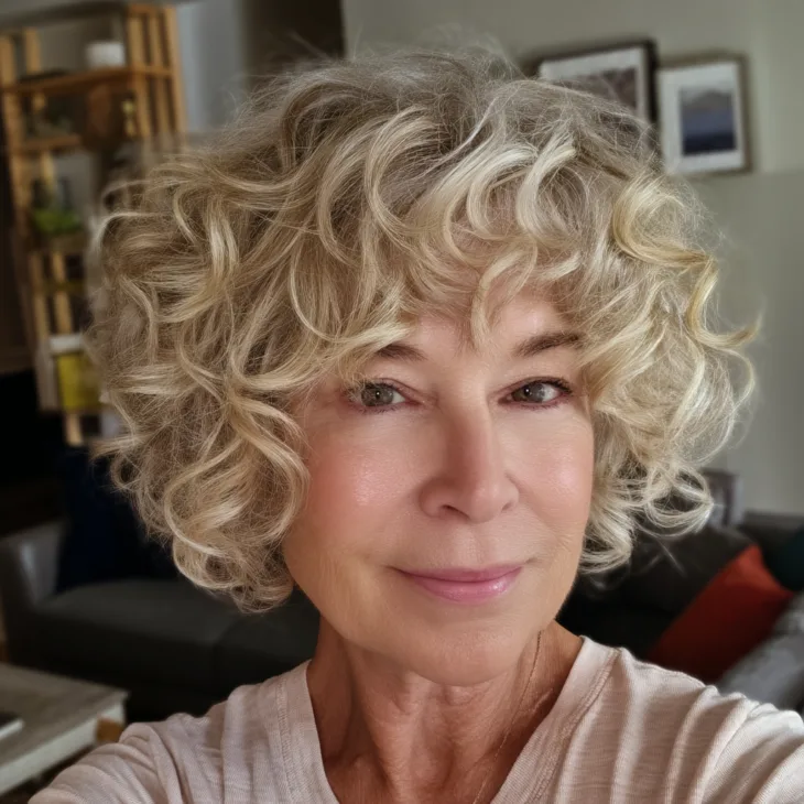 Blonde Curly Hairstyles for Women Over 40:Retro-Inspired Volume with Defined Ringlets