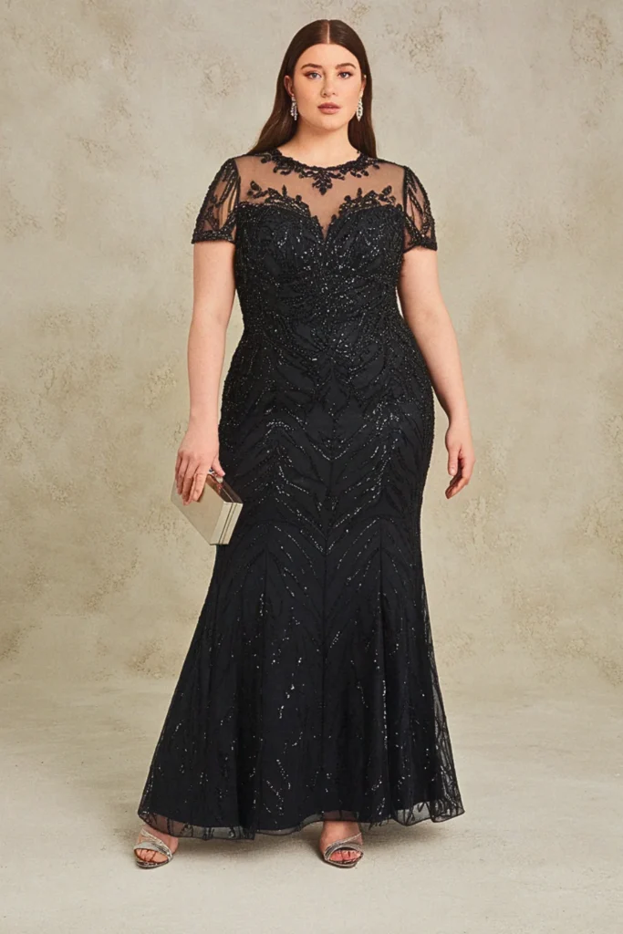 black evening dresses plus size:Sequin Illusion Neckline Black Formal Evening Dress (Plus Size)