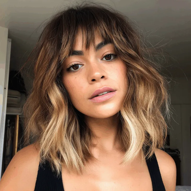Brown Hair With Blonde Highlights for Women Over 40: Elegant, Youthful, and Low-Maintenance Styles Shaggy Brunette with Blonde Bangs for Women Over 40