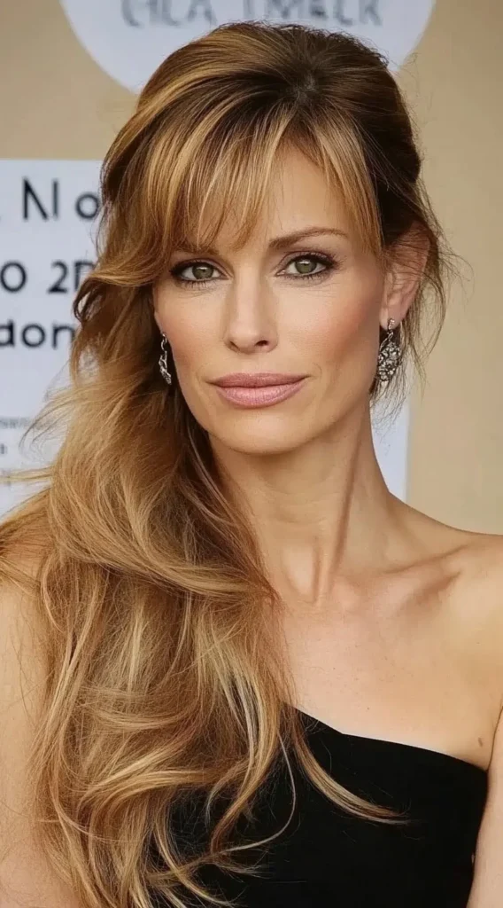 15 Best Hairstyles with Bangs for Women Over 40 with Long Hair (Look Instantly Younger) Hairstyles with Bangs for Women Over 40:Side-Swept Waves with Face-Framing Bangs