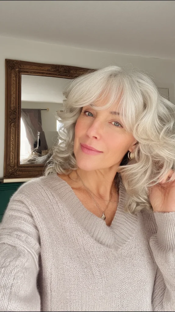 Blonde Curly Hairstyles for Women Over 40:Silver Blonde Glam with Curtain Bangs