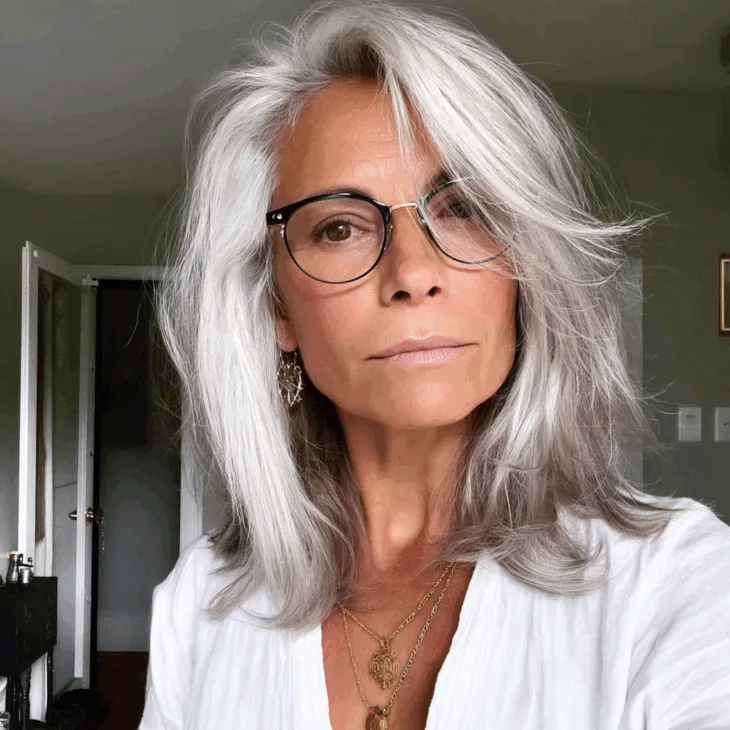 Best Hairstyles for Women Over 40 With Glasses That Are Anything but Boring Silvery Layered Lob with Volume