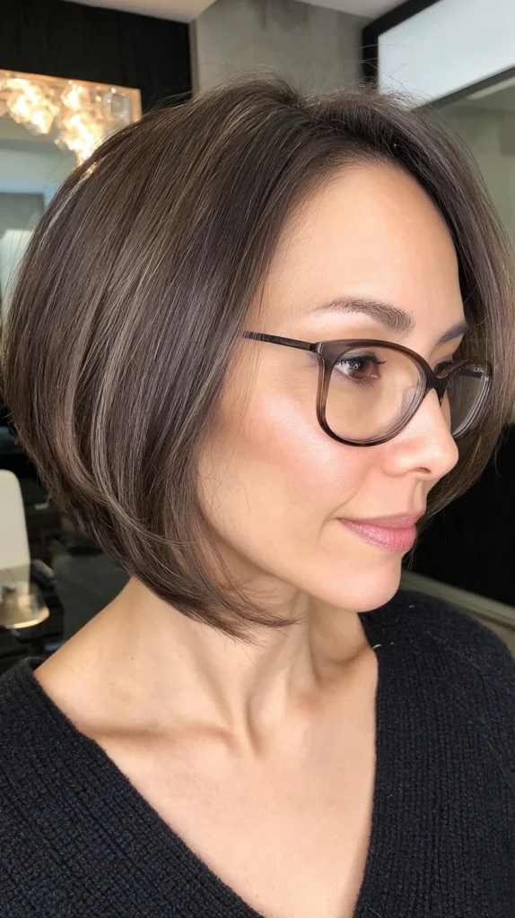 Best Hairstyles for Women Over 40 With Glasses That Are Anything but Boring Sleek Brunette Bob with Subtle Shine — Hairstyles for Women Over 40 with Glasses