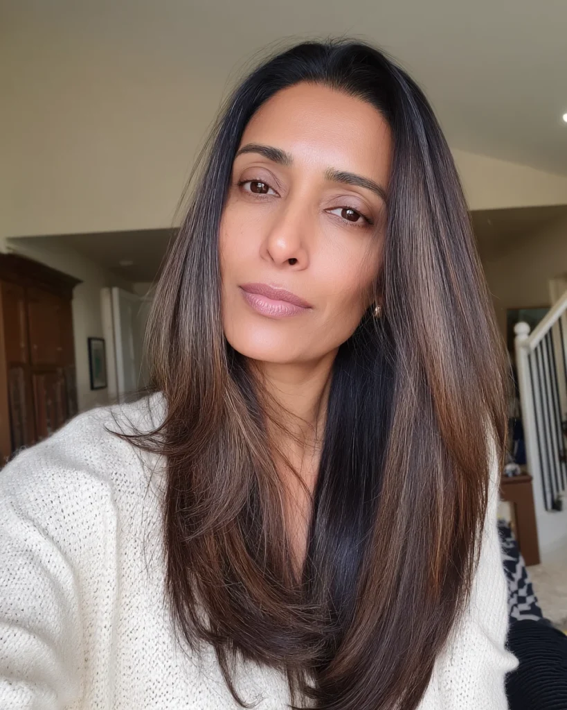 15 Stunning Brunette Hairstyles for Women Over 40 to Try This Season Brunette Hairstyles for Women Over 40:Sleek Layers with Face-Framing Highlights