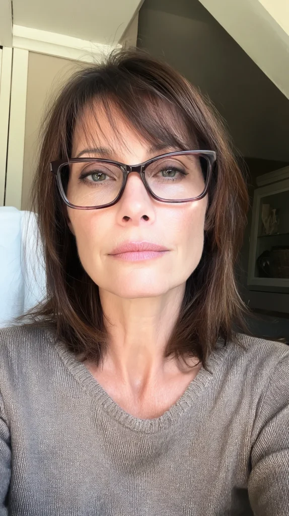 Best Hairstyles for Women Over 40 With Glasses That Are Anything but Boring Soft Brunette Layers with Wispy Bangs — Hairstyles for Women Over 40 with Glasses
