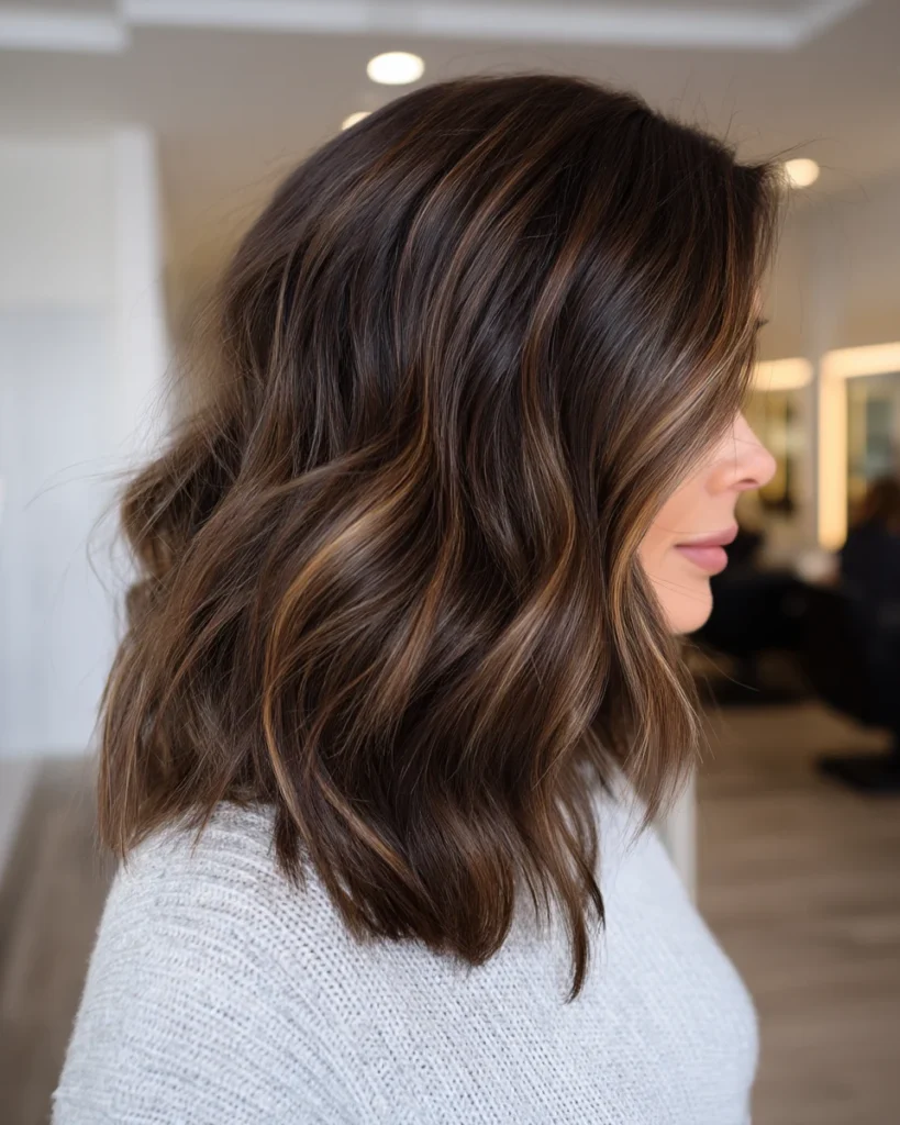 15 Stunning Brunette Hairstyles for Women Over 40 to Try This Season Soft Brunette Waves with Caramel Highlights