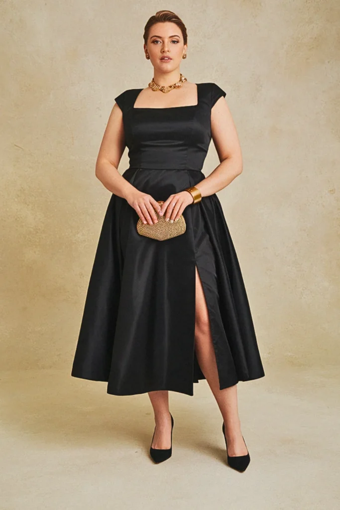 black evening dresses plus size:Square Neck Satin Black Evening Dress with Leg Slit (Plus Size)