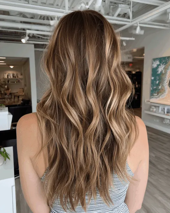 Brown Hair With Blonde Highlights for Women Over 40: Elegant, Youthful, and Low-Maintenance Styles Brown Hair With Blonde Highlights for Women Over 40:Sunlit Brunette Waves for Women Over 40