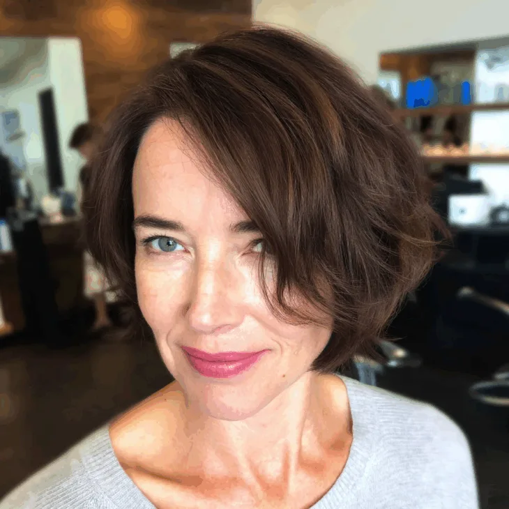 15 Stunning Brunette Hairstyles for Women Over 40 to Try This Season Brunette Hairstyles for Women Over 40:Textured Short Bob with Side-Swept Bangs