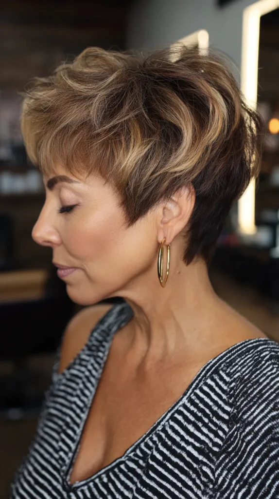 Brown Hair With Blonde Highlights for Women Over 40: Elegant, Youthful, and Low-Maintenance Styles Tousled Brunette Pixie with Blonde Contrast for Women Over 40