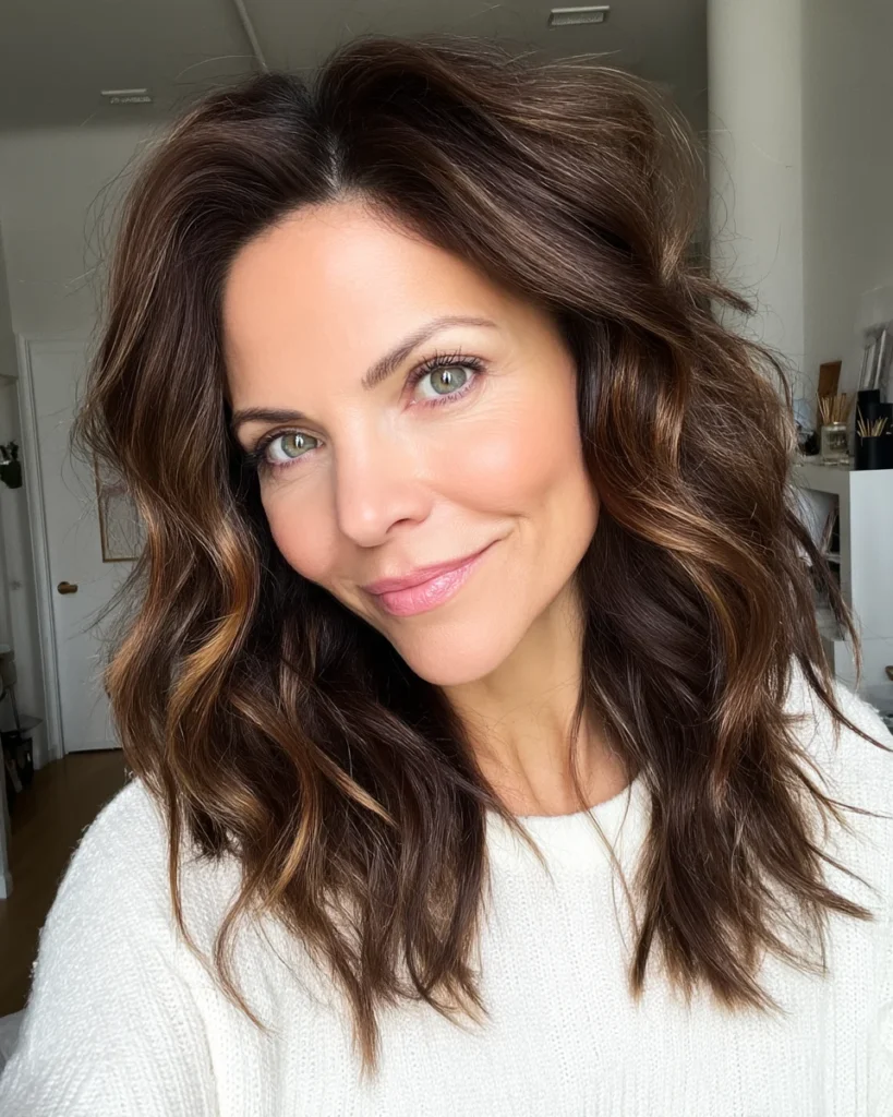 15 Stunning Brunette Hairstyles for Women Over 40 to Try This Season Tousled Shoulder-Length Waves with Soft Highlights
