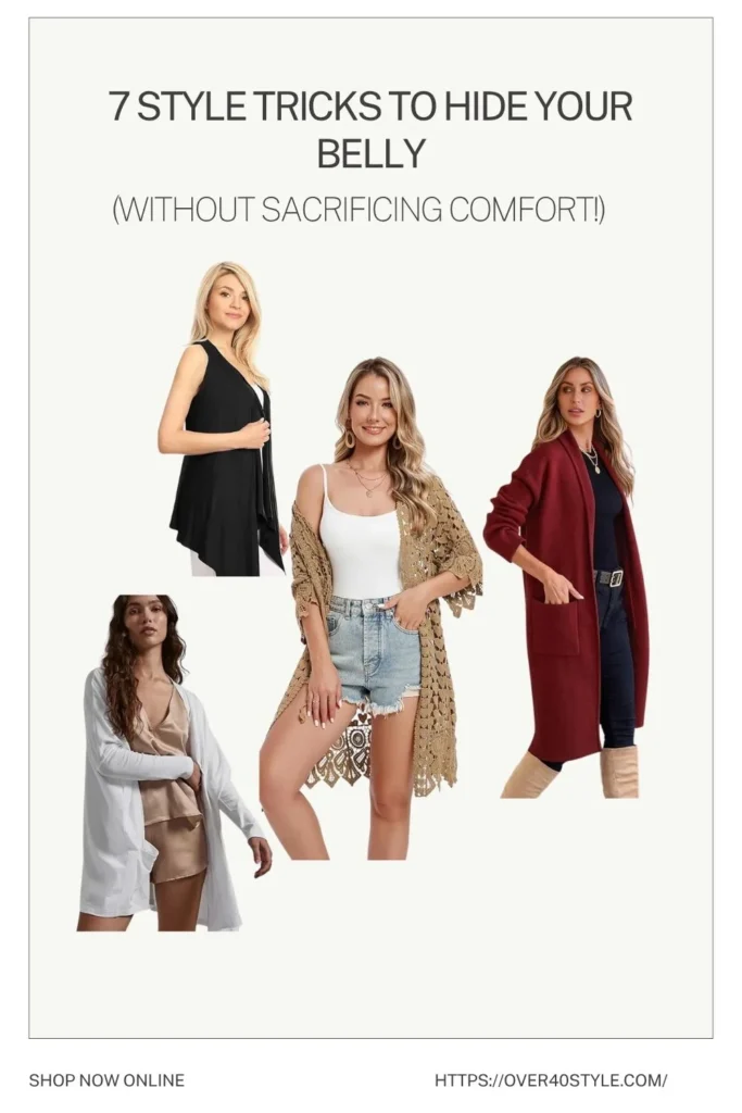 7 Style Tricks to Hide Your Belly (Without Sacrificing Comfort!) Tricks to Hide Your Belly:Use Long Cardigans, Jackets, or Ponchos to Create Vertical Lines