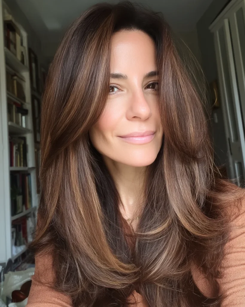 15 Stunning Brunette Hairstyles for Women Over 40 to Try This Season Voluminous Layers with a Glossy Brunette Finish