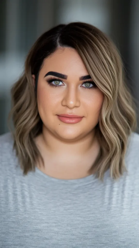 Haircuts for Plus-Size Women Over 40:Wavy Shoulder-Length Cut with Balayage