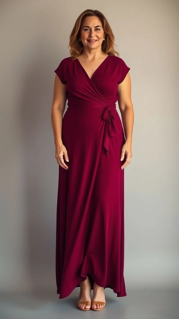 Wrap-Front Maxi Dress with Cap Sleeves Flattering Shape for Plus Size Women Over 40