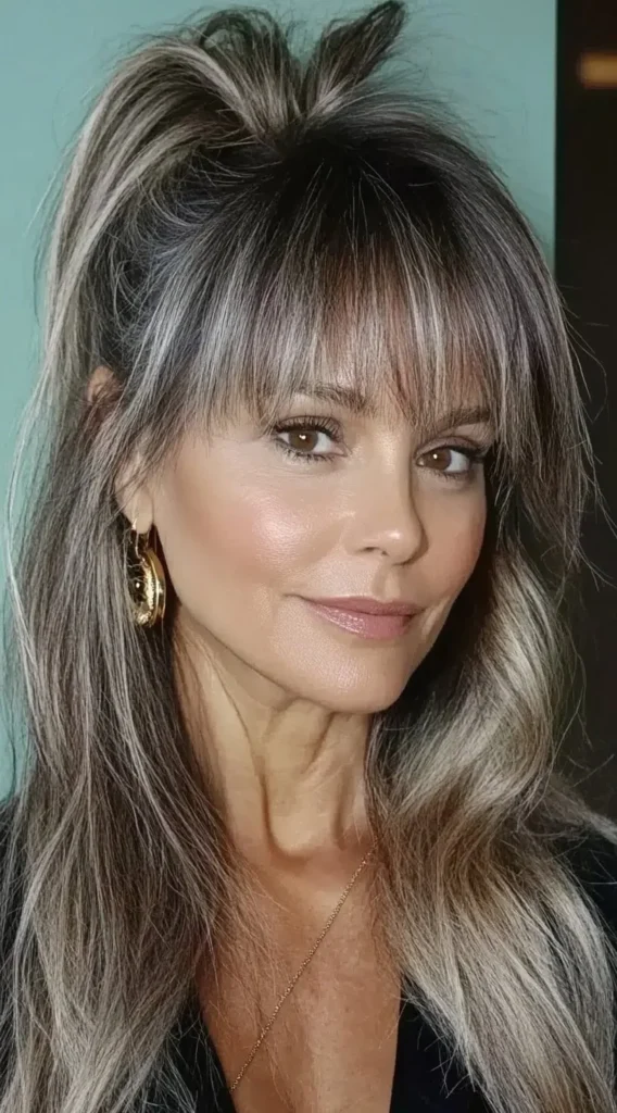 15 Best Hairstyles with Bangs for Women Over 40 with Long Hair (Look Instantly Younger) Half-Up Style with Soft Bangs