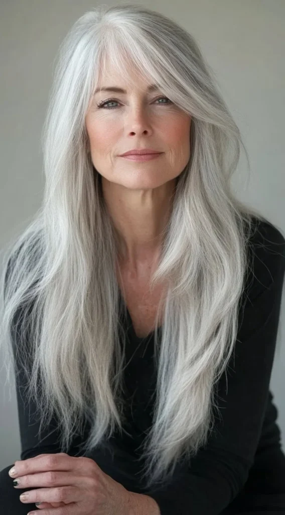 15 Best Hairstyles with Bangs for Women Over 40 with Long Hair (Look Instantly Younger) Long Silver Layers with Side-Swept Bangs