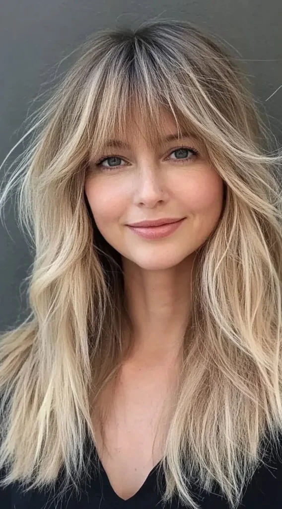 15 Best Hairstyles with Bangs for Women Over 40 with Long Hair (Look Instantly Younger) Hairstyles with Bangs for Women Over 40:Long Textured Waves with Wispy Bangs