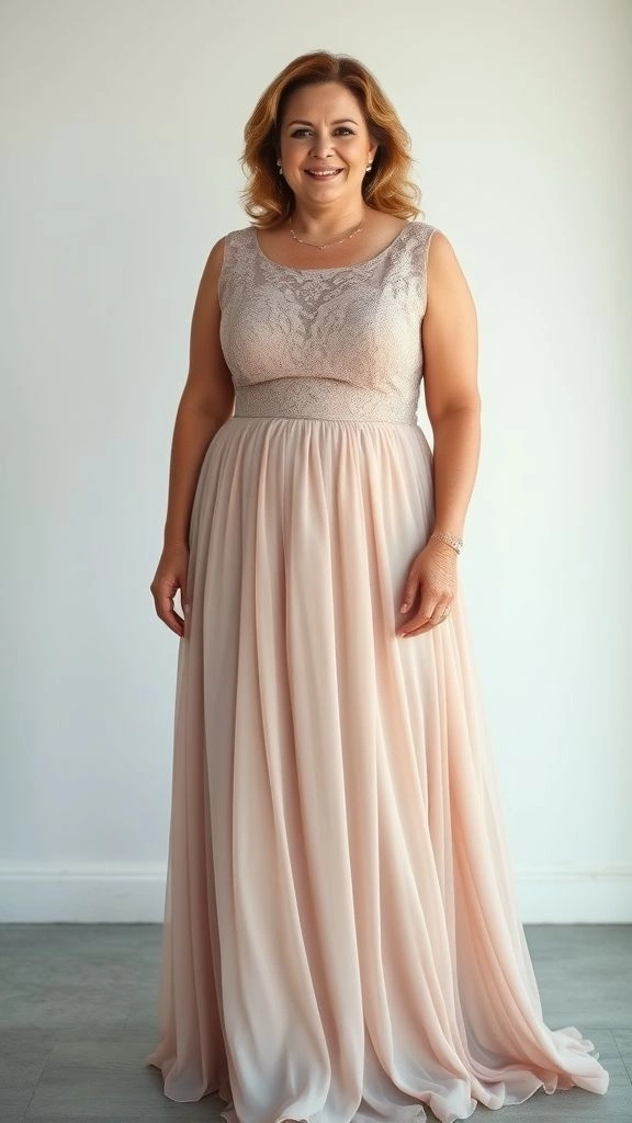 loor-Length Gown with Lace Bodice A Refined Option That Distracts from the Belly Area