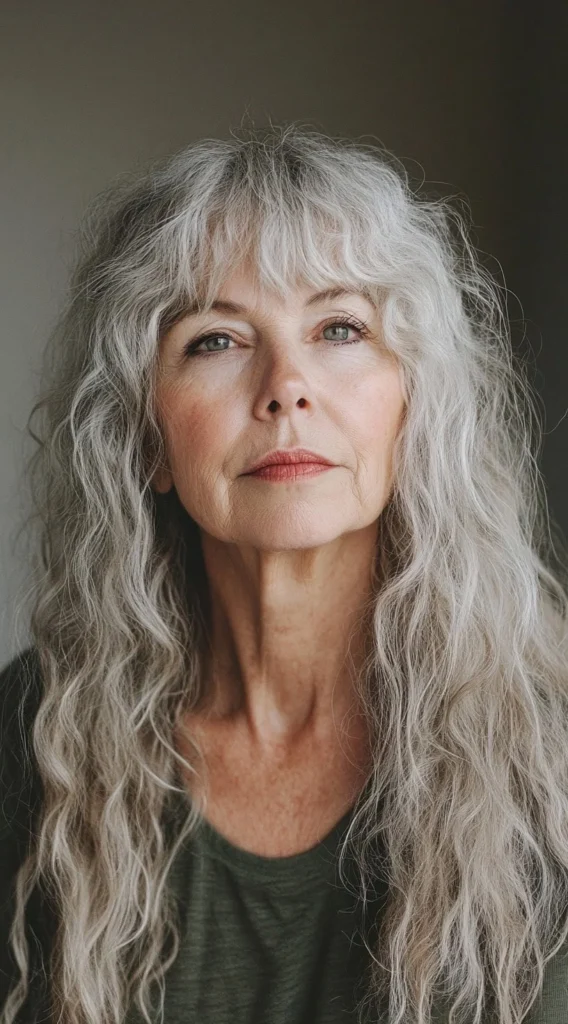 15 Best Hairstyles with Bangs for Women Over 40 with Long Hair (Look Instantly Younger) Long Silver Layers with Side-Swept Bangs
