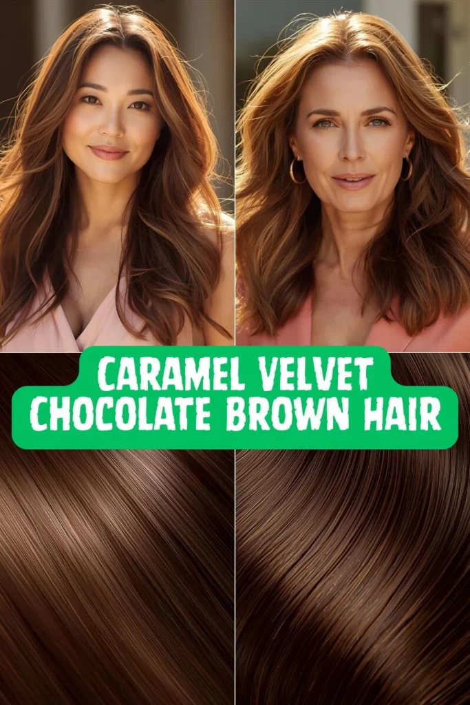 Velvet Chocolate Brown Hair: 7 Stunning Shades Every Woman Over 40 Needs The caramel highlights dance through the Velvet Chocolate Brown hair base, catching light and creating the illusion of depth.