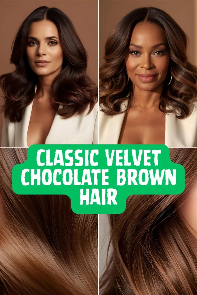 Velvet Chocolate Brown Hair: 7 Stunning Shades Every Woman Over 40 Needs Classic Velvet Chocolate Brown hair on a woman over 40 with natural highlights
