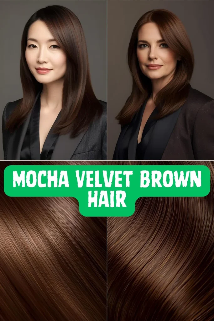 Velvet Chocolate Brown Hair: 7 Stunning Shades Every Woman Over 40 Needs Mocha Velvet Brown hair leans slightly cooler, incorporating soft cocoa and coffee undertones that create depth without excessive warmth. Think of a perfectly brewed cappuccino with rich layers of complexity.